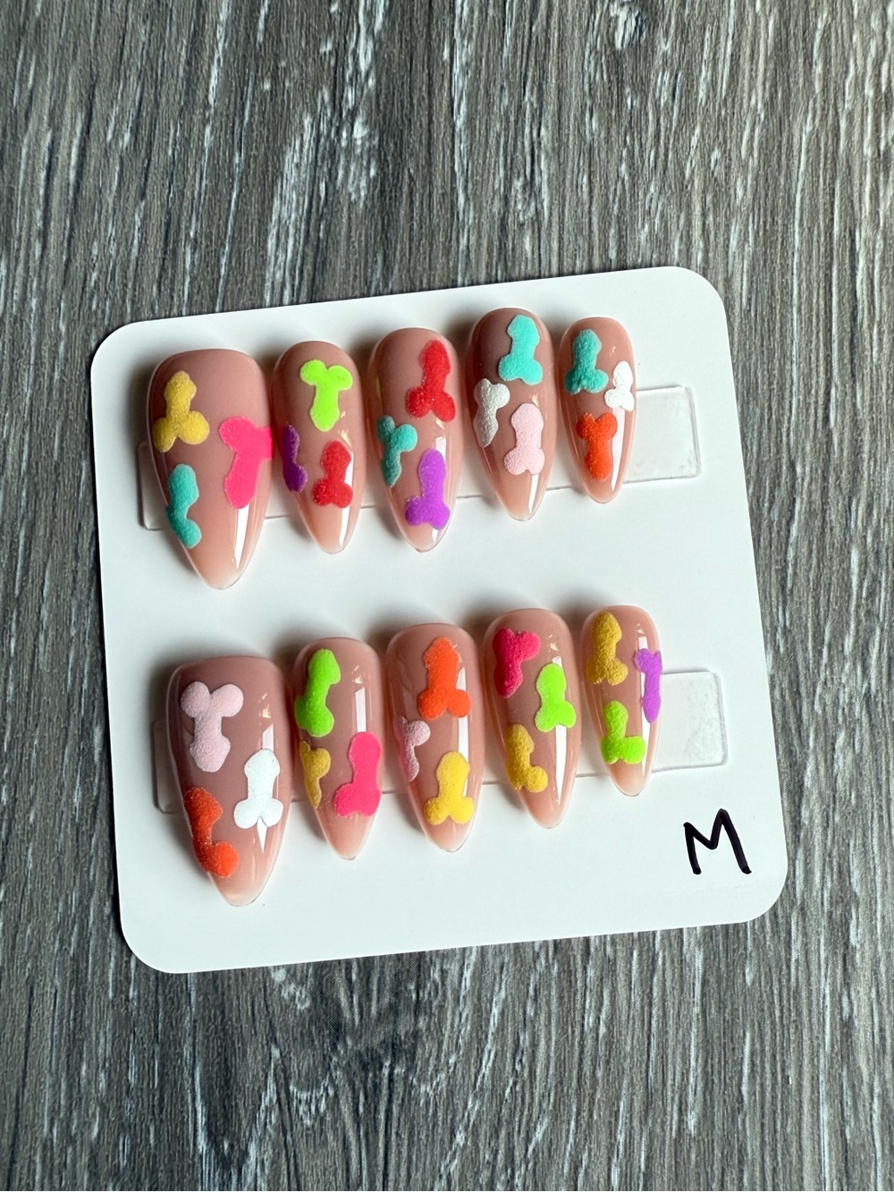 Nude Press-On Nails with Multicolor 3D Accents